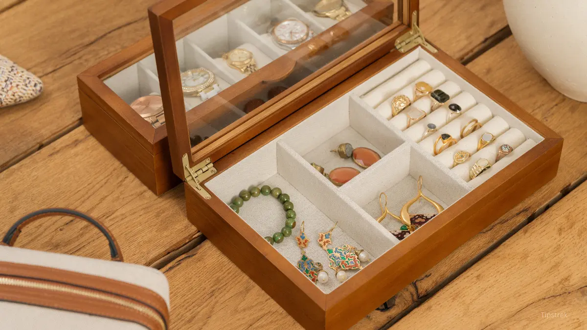 A compact and organized jewelry case with neatly packed earrings and necklaces.